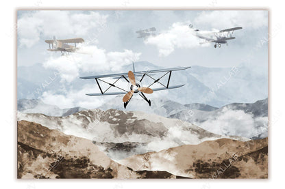 This captivating image showcases vintage biplanes soaring over rugged mountain ranges, framed by soft clouds and a dreamy sky. The leading biplane with a wooden propeller is depicted in sharp detail, while others appear hazy in the background, adding depth and movement. A nostalgic representation of early aviation against a stunning natural backdrop.