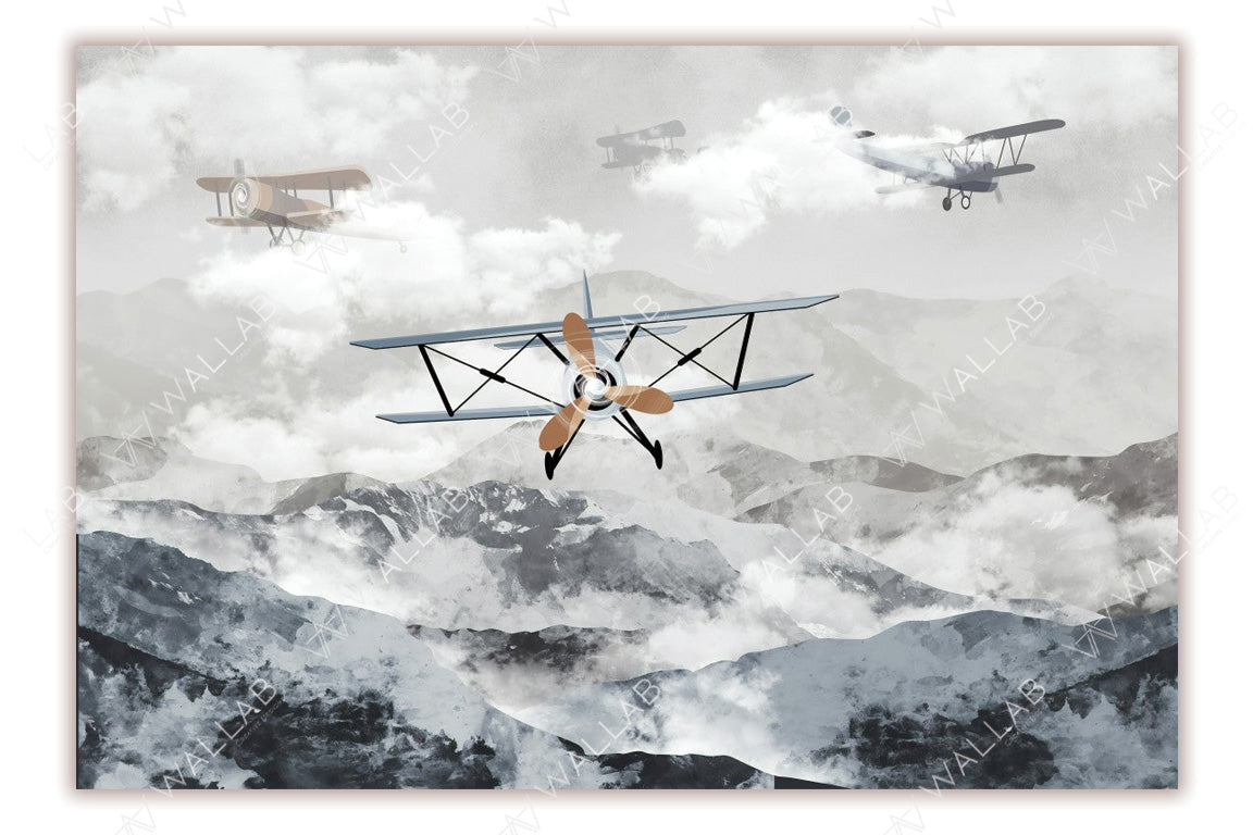 This captivating image showcases vintage biplanes soaring over rugged mountain ranges, framed by soft clouds and a dreamy sky. The leading biplane with a wooden propeller is depicted in sharp detail, while others appear hazy in the background, adding depth and movement. A nostalgic representation of early aviation against a stunning natural backdrop.