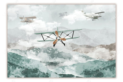 This captivating image showcases vintage biplanes soaring over rugged mountain ranges, framed by soft clouds and a dreamy sky. The leading biplane with a wooden propeller is depicted in sharp detail, while others appear hazy in the background, adding depth and movement. A nostalgic representation of early aviation against a stunning natural backdrop.
