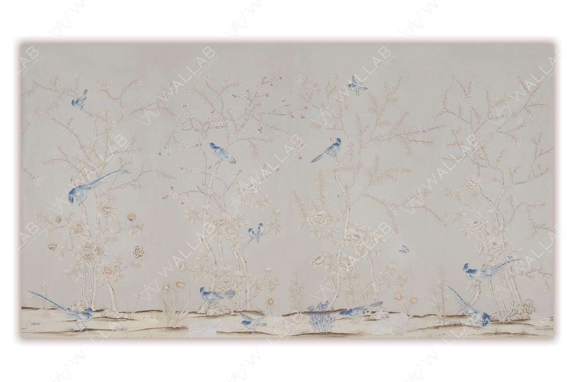  serene scene with delicate trees adorned with blooming flowers and perched blue birds, all set against a soft, pastel-toned background. The intricate details of the flora and fauna evoke a tranquil, nature-inspired ambiance. The muted colors and elegant composition create a calming and timeless aesthetic.