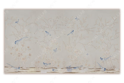  serene scene with delicate trees adorned with blooming flowers and perched blue birds, all set against a soft, pastel-toned background. The intricate details of the flora and fauna evoke a tranquil, nature-inspired ambiance. The muted colors and elegant composition create a calming and timeless aesthetic.