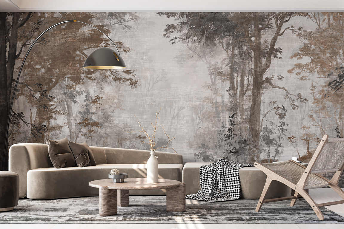 A tranquil forest scene with tall trees and lush foliage, rendered in muted tones. The misty background adds depth and a serene, ethereal quality, creating a peaceful atmosphere. Ideal for evoking a sense of nature and timeless elegance in decor or artistic projects.