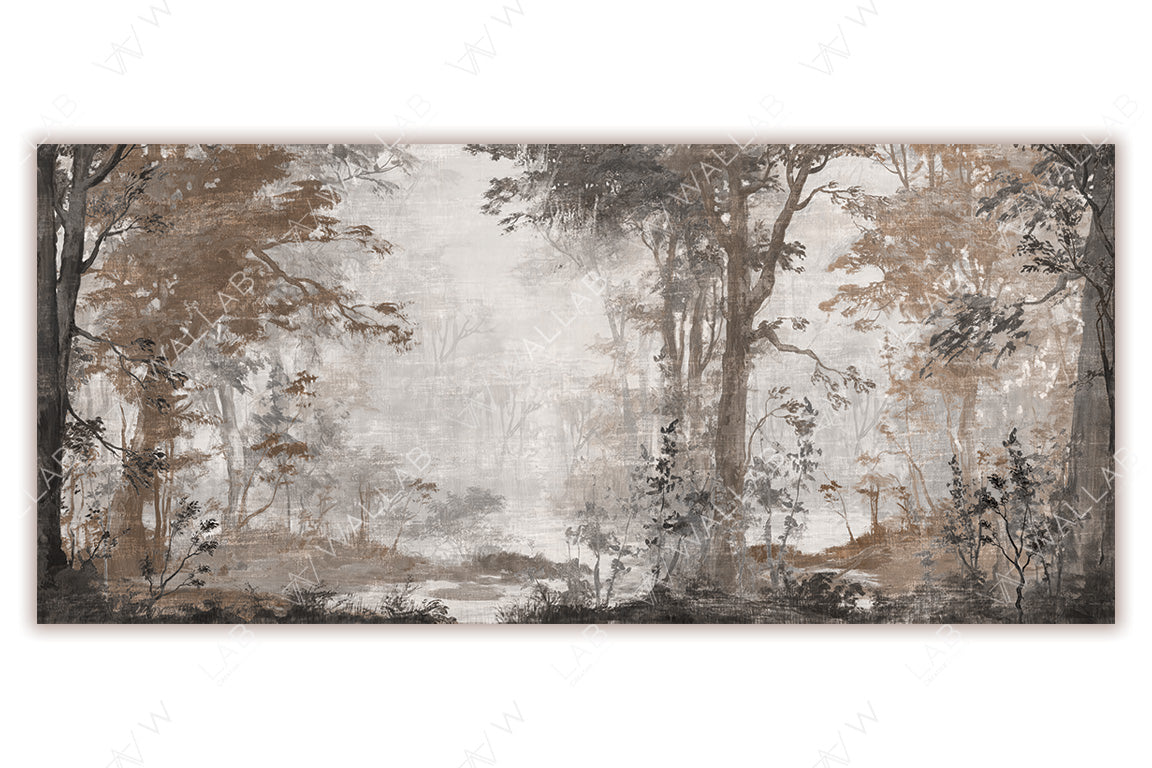 A tranquil forest scene with tall trees and lush foliage, rendered in muted tones. The misty background adds depth and a serene, ethereal quality, creating a peaceful atmosphere. Ideal for evoking a sense of nature and timeless elegance in decor or artistic projects.