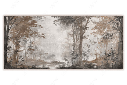 A tranquil forest scene with tall trees and lush foliage, rendered in muted tones. The misty background adds depth and a serene, ethereal quality, creating a peaceful atmosphere. Ideal for evoking a sense of nature and timeless elegance in decor or artistic projects.