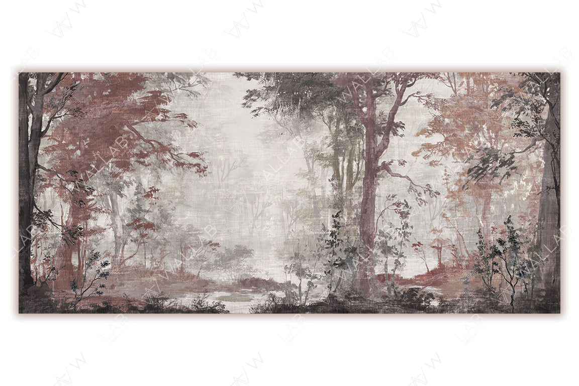 A tranquil forest scene with tall trees and lush foliage, rendered in muted tones. The misty background adds depth and a serene, ethereal quality, creating a peaceful atmosphere. Ideal for evoking a sense of nature and timeless elegance in decor or artistic projects.