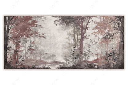 A tranquil forest scene with tall trees and lush foliage, rendered in muted tones. The misty background adds depth and a serene, ethereal quality, creating a peaceful atmosphere. Ideal for evoking a sense of nature and timeless elegance in decor or artistic projects.