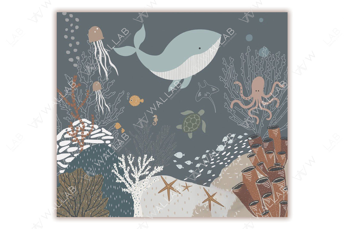 This charming underwater scene features a variety of sea creatures, including a whale, jellyfish, an octopus, a turtle, and small fish, swimming amidst coral reefs, sea stars, and sponges. The muted blue and earthy tones create a calming, whimsical depiction of marine life, ideal for children's illustrations or ocean-themed designs.