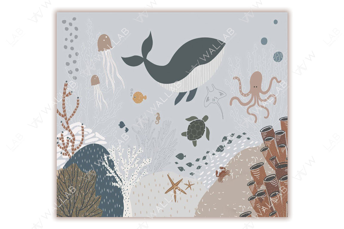 This charming underwater scene features a variety of sea creatures, including a whale, jellyfish, an octopus, a turtle, and small fish, swimming amidst coral reefs, sea stars, and sponges. The muted blue and earthy tones create a calming, whimsical depiction of marine life, ideal for children's illustrations or ocean-themed designs.