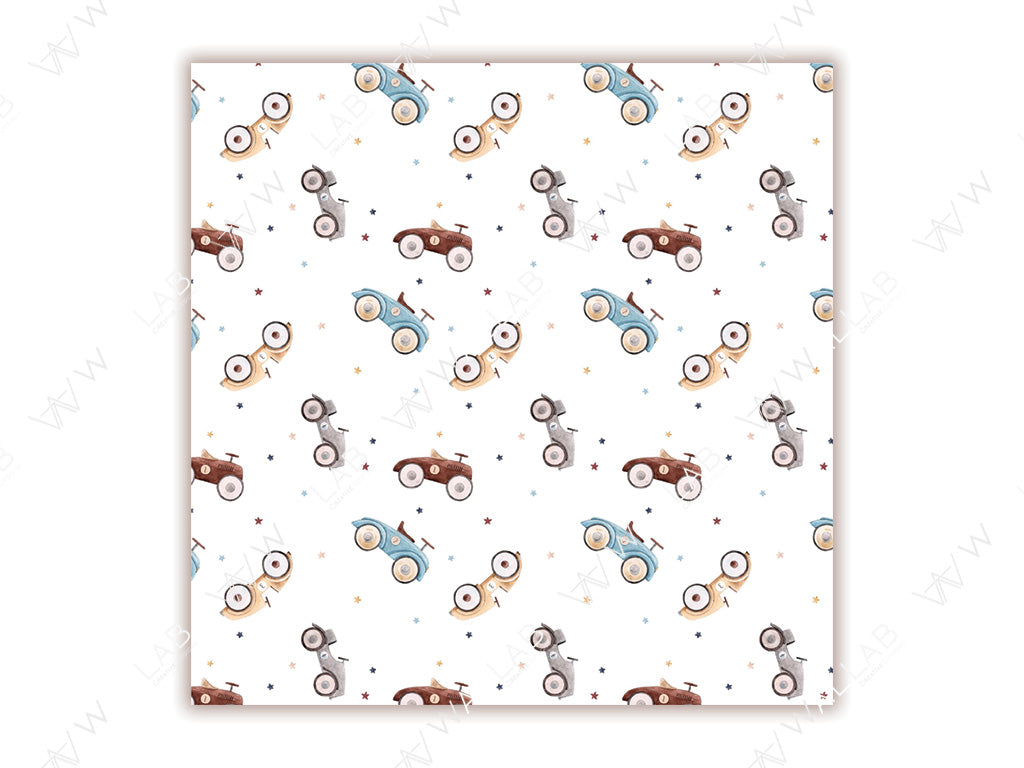 This seamless pattern features vintage toy cars in soft shades of blue, beige, and brown scattered across a white background, accompanied by small colorful stars. The whimsical design evokes a playful and nostalgic charm.