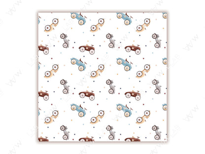 This seamless pattern features vintage toy cars in soft shades of blue, beige, and brown scattered across a white background, accompanied by small colorful stars. The whimsical design evokes a playful and nostalgic charm.