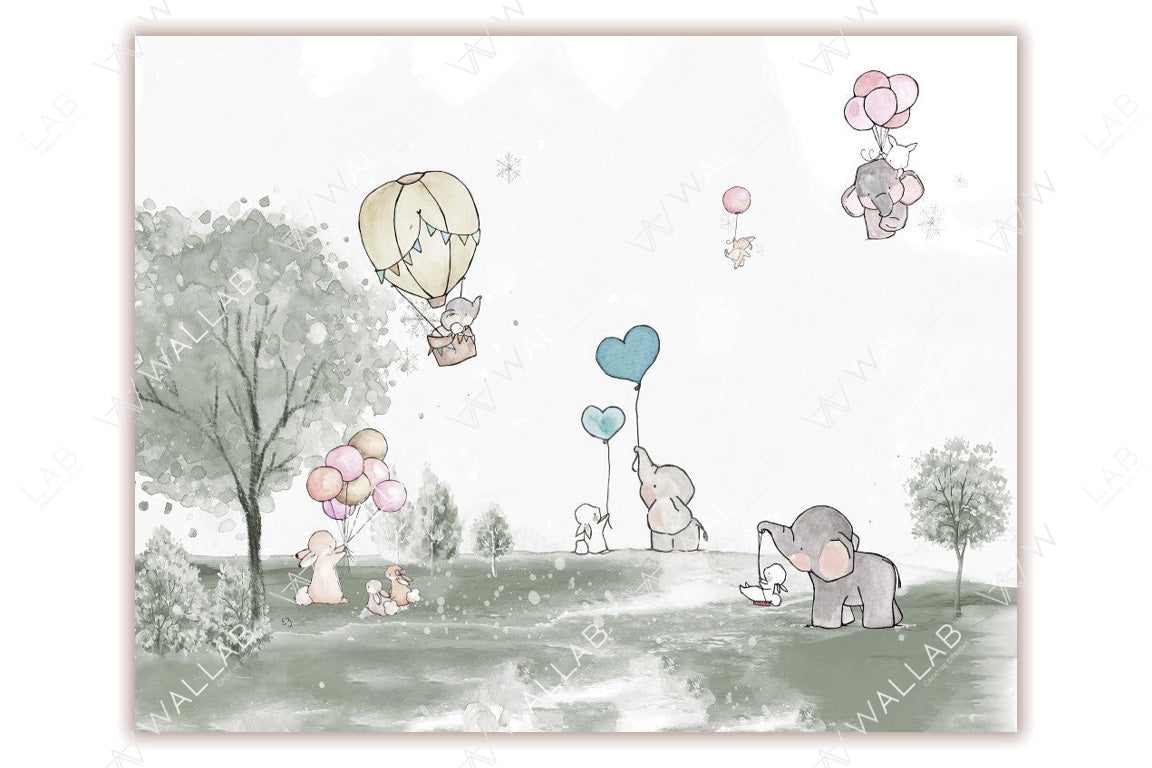 A serene, whimsical scene of animals in a lush meadow. It features elephants, rabbits, and birds, some holding pastel-colored balloons or floating in a hot air balloon. The soft watercolor style and muted green tones create a gentle, dreamlike atmosphere, ideal for a children's theme or nursery decor.