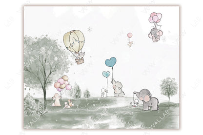 A serene, whimsical scene of animals in a lush meadow. It features elephants, rabbits, and birds, some holding pastel-colored balloons or floating in a hot air balloon. The soft watercolor style and muted green tones create a gentle, dreamlike atmosphere, ideal for a children's theme or nursery decor.