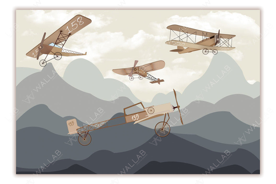 Vintage airplanes in muted brown tones soaring above layered mountain ranges in shades of blue-gray and beige. The retro aircraft designs emphasize an early aviation theme, while the subdued color palette gives a nostalgic, calm atmosphere. The background includes soft clouds, complementing the overall vintage aesthetic.