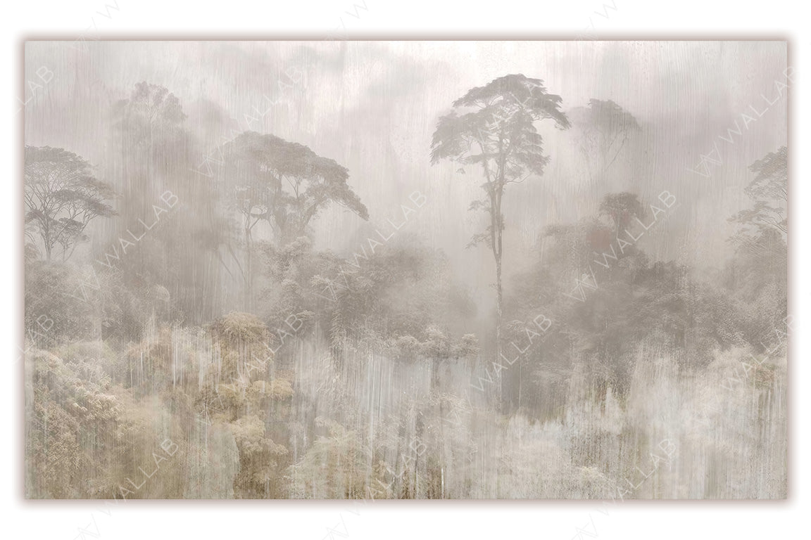A serene wallpaper mural depicting a misty rainforest with tall, silhouetted trees and dense foliage fading into soft, muted tones. The design evokes a tranquil and atmospheric feeling, with a painterly texture that adds depth and elegance. Ideal for creating a calm, nature-inspired ambiance in any space.