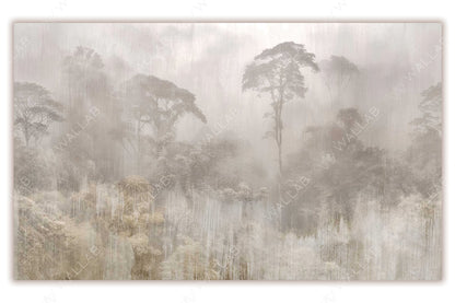 A serene wallpaper mural depicting a misty rainforest with tall, silhouetted trees and dense foliage fading into soft, muted tones. The design evokes a tranquil and atmospheric feeling, with a painterly texture that adds depth and elegance. Ideal for creating a calm, nature-inspired ambiance in any space.