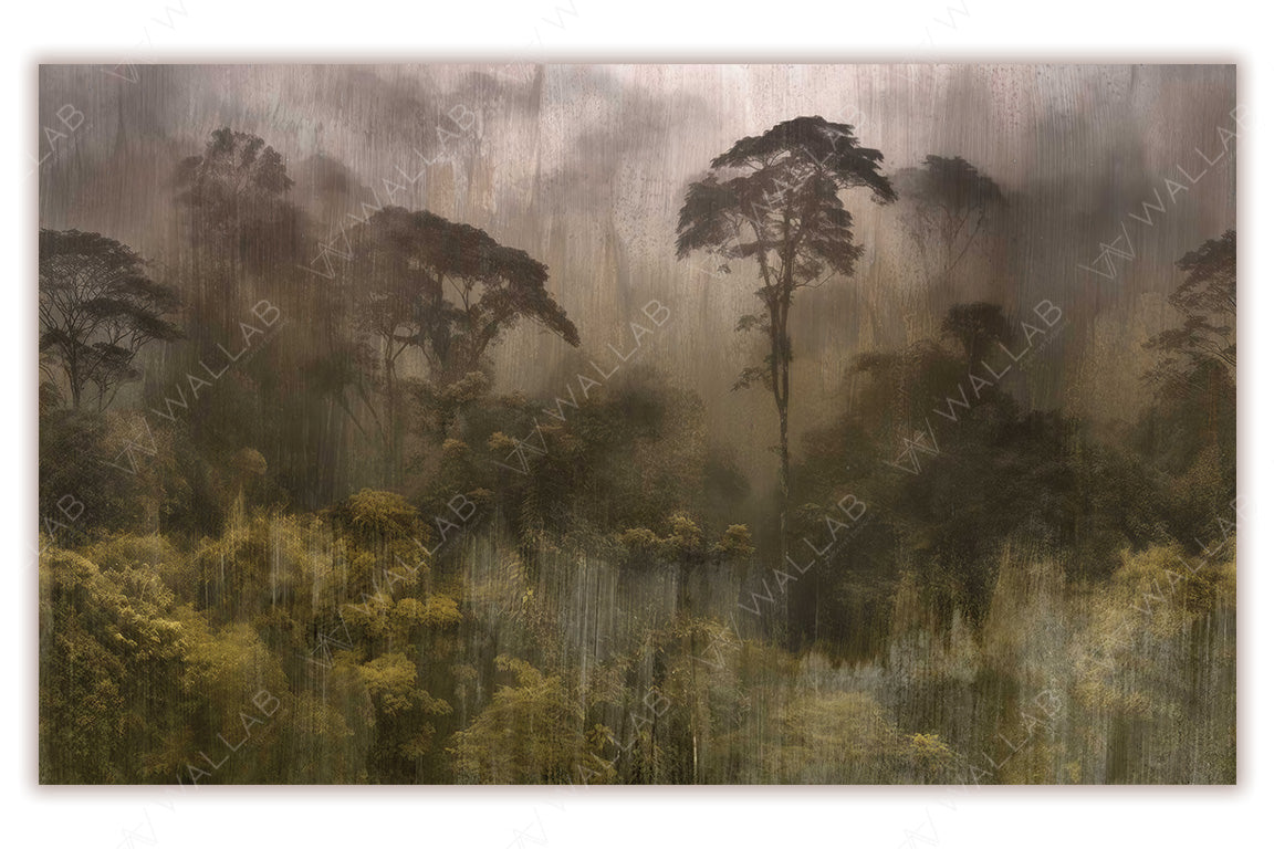 A serene wallpaper mural depicting a misty rainforest with tall, silhouetted trees and dense foliage fading into soft, muted tones. The design evokes a tranquil and atmospheric feeling, with a painterly texture that adds depth and elegance. Ideal for creating a calm, nature-inspired ambiance in any space.