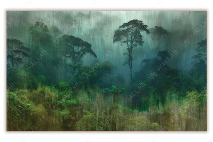 A serene wallpaper mural depicting a misty rainforest with tall, silhouetted trees and dense foliage fading into soft, muted tones. The design evokes a tranquil and atmospheric feeling, with a painterly texture that adds depth and elegance. Ideal for creating a calm, nature-inspired ambiance in any space.