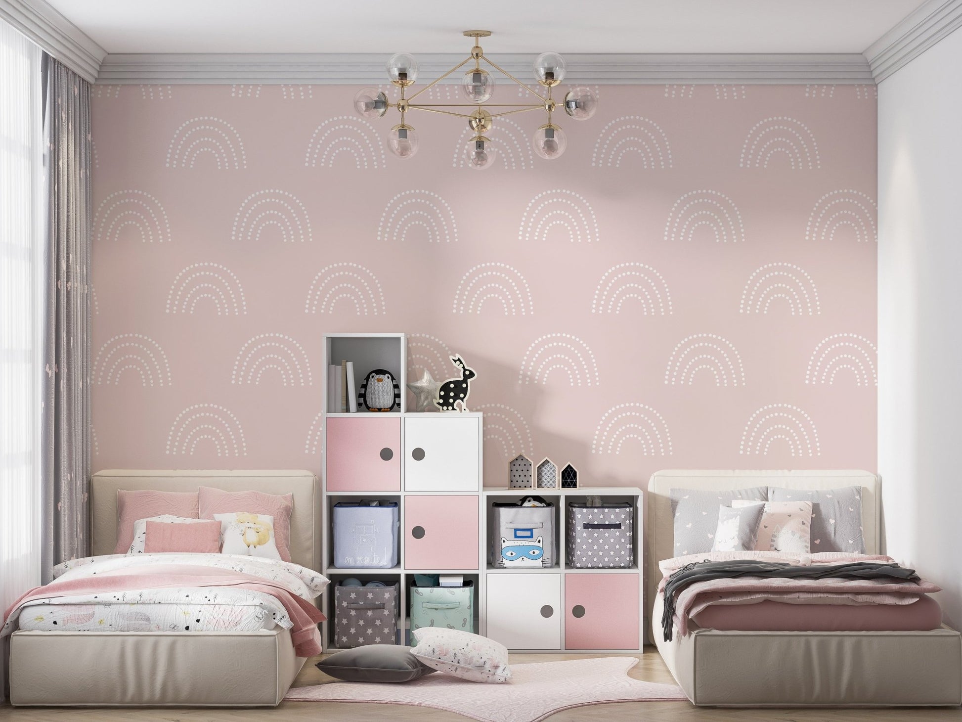 A soft blush-colored background adorned with a repeating pattern of white, dotted rainbows. The delicate pastel tones and minimalistic design create a calm and playful aesthetic, ideal for nurseries or children's rooms. The symmetrical layout adds to the overall soothing appeal.