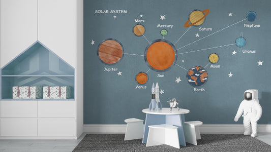 Kids wallpaper. A playful and colorful illustration of the solar system, with labeled planets, along with the Sun and Earth's Moon. The planets are connected to the Sun by dotted lines, set against a background scattered with stars. The hand-drawn, whimsical style makes it ideal for educational purposes or children's materials.