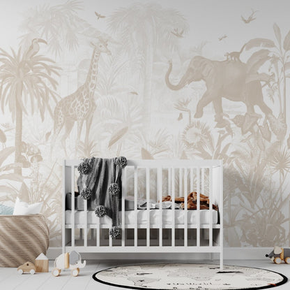  Kids wallpaper. A detailed, monochrome illustration of an exotic jungle scene, featuring a giraffe, an elephant, and lush tropical plants. The composition is filled with intricate foliage, birds, and other wildlife, creating a serene and immersive safari ambiance.