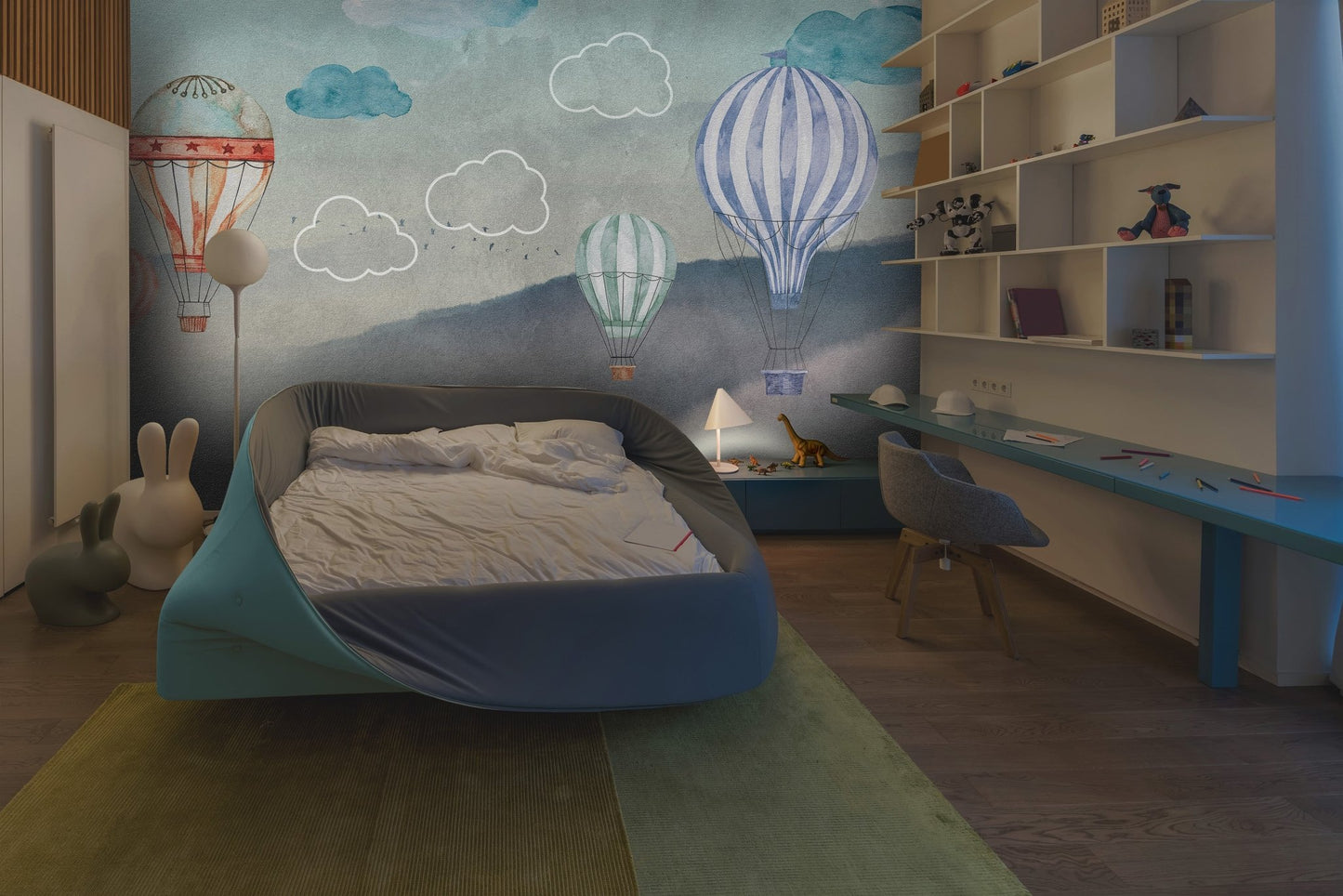 A dreamy watercolor illustration of hot air balloons floating gracefully over soft, misty hills. The balloons come in various pastel shades with delicate patterns, and fluffy clouds add a whimsical touch to the sky. Ideal for use in children’s decor, fantasy-themed designs, or serene travel-related visuals.