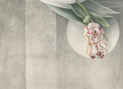 Abraccio - Custom Wallpaper Mural l Wallab Egypt. A detailed and artistic wall mural featuring a large, intricately drawn flower with soft pink and white petals and green leaves against a textured, patterned background. The design blends botanical elements with a subtle geometric circle, creating a harmonious and elegant visual effect.