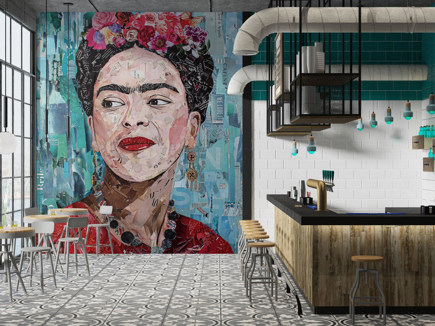 A vibrant collage-style portrait featuring a figure adorned with flowers in their hair and dressed in a red garment. The background is composed of layered teal and blue tones with text fragments and textures, creating a dynamic and artistic composition. The bold colors and intricate details highlight a sense of individuality and cultural richness, making it a striking piece of art.