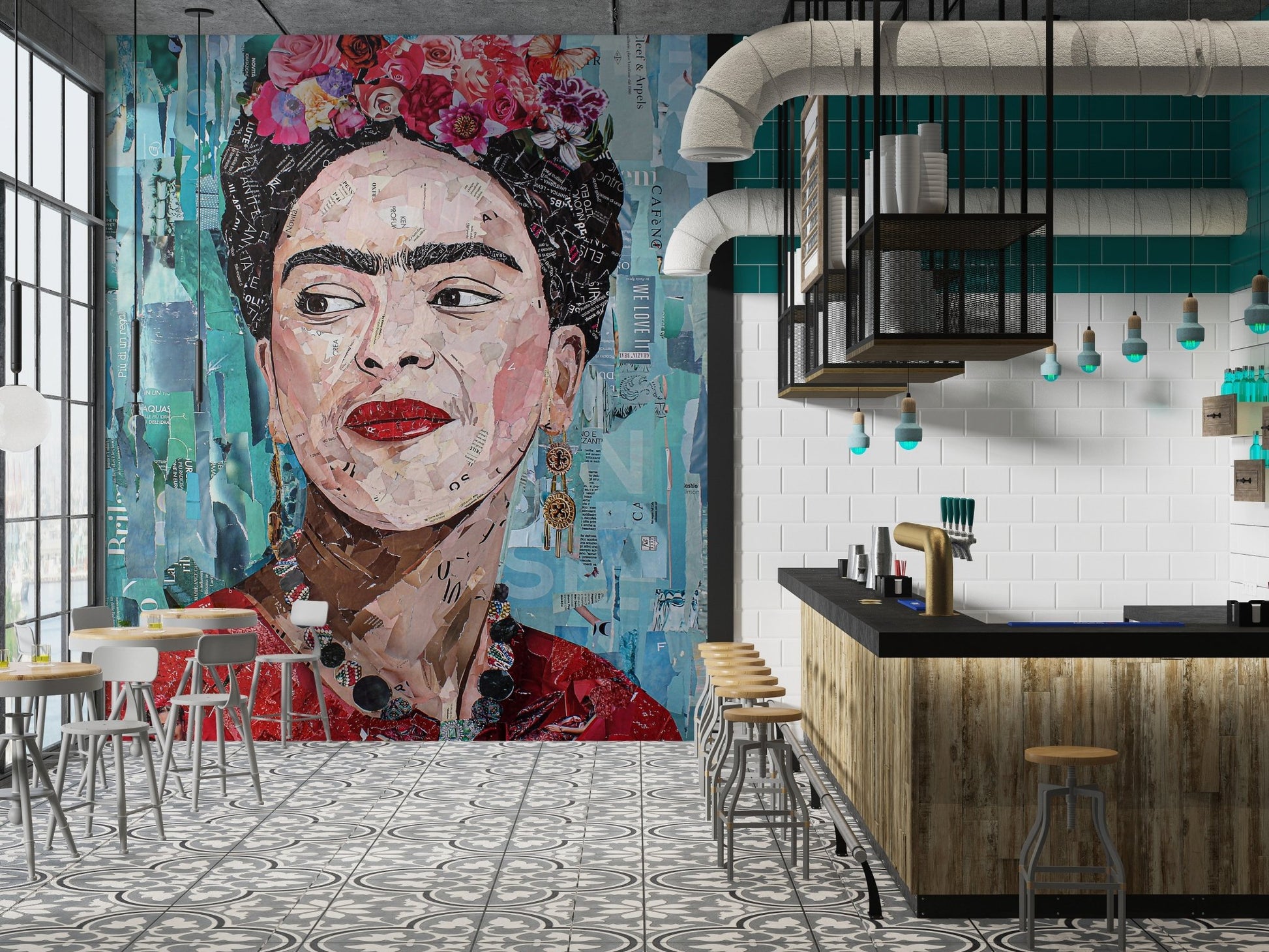 A vibrant collage-style portrait featuring a figure adorned with flowers in their hair and dressed in a red garment. The background is composed of layered teal and blue tones with text fragments and textures, creating a dynamic and artistic composition. The bold colors and intricate details highlight a sense of individuality and cultural richness, making it a striking piece of art.