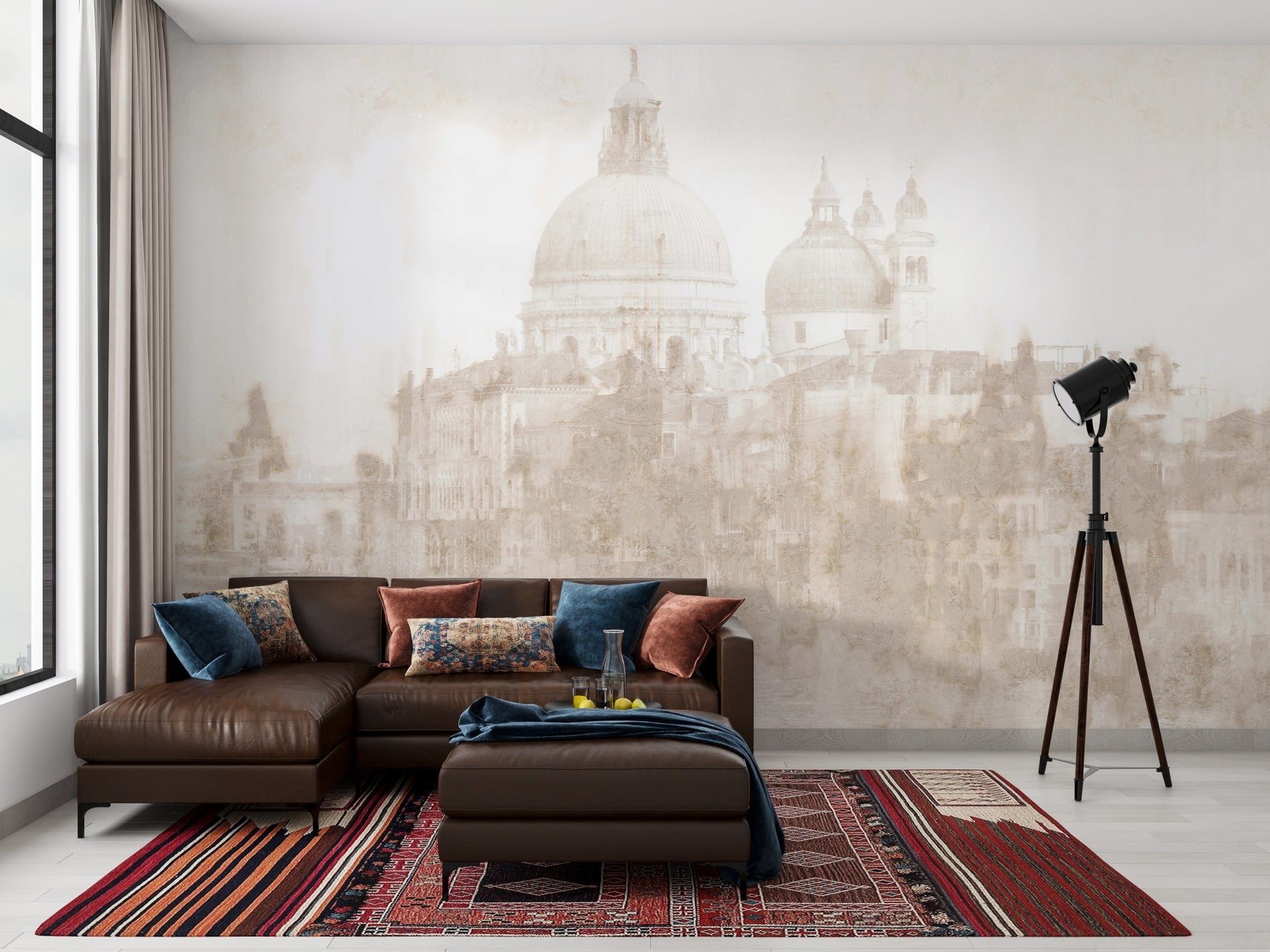 A mural featuring a soft, watercolor-style depiction of a Venetian cityscape with domed architecture and historic buildings along the water. The muted tones create an elegant, timeless atmosphere, perfect for adding a subtle touch of European charm to interiors.